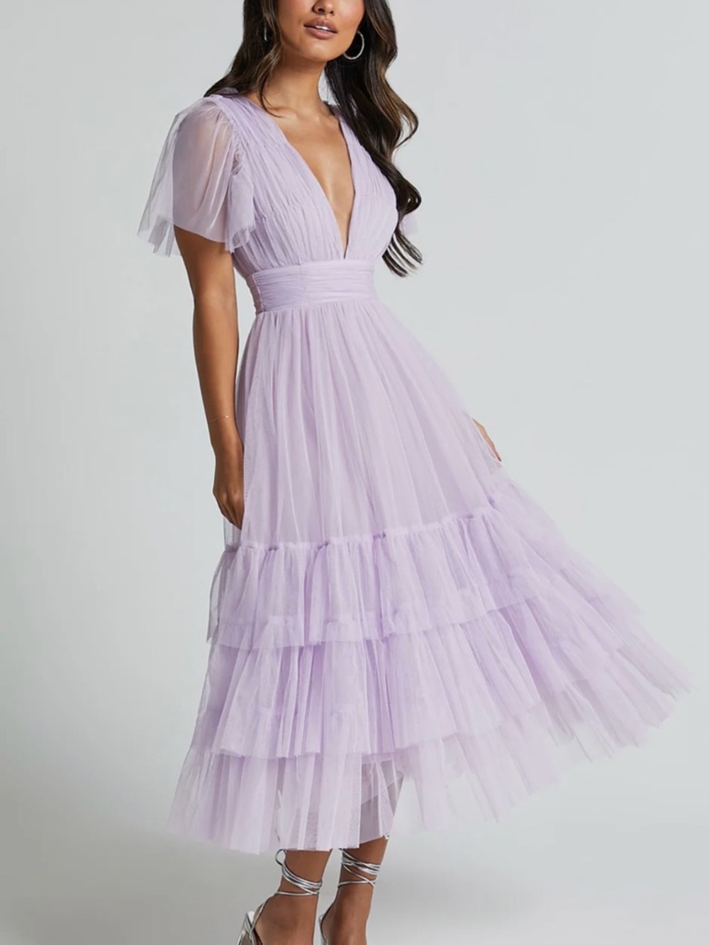 JIRAYE MIDI DRESS - FLUTTER SLEEVE TUELLE PLUNGE DRESS IN LILAC